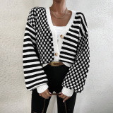 Autumn And Winter Sweater Women's Plaid Patchwork Striped Knitting Coat