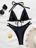 Sexy Lace-Up Swimsuit Women Low Back Solid Color Lace Patchwork Bikini