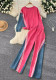 Casual Sports Autumn Loose Round Neck Top High Waist Denim Patchwork Trousers Two Piece Set