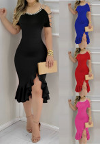Summer Tight Fitting Ruffle Slit Pearl Decoration Women Dress Summer Tight Fitting Ruffle Slit Pearl Decoration Women Dress
