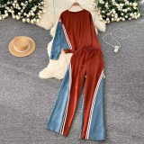 Casual Sports Autumn Loose Round Neck Top High Waist Denim Patchwork Trousers Two Piece Set