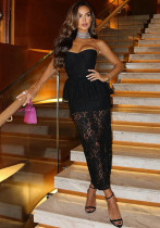 Winter Women's Chic Elegant Strapless Lace Patchwork Fake Two-Piece Dress Winter Women's Chic Elegant Strapless Lace Patchwork Fake Two-Piece Dress