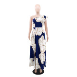 Chic Print Slash Shoulder High Slit Long Dress