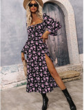 Autumn And Winter Women Printed Long Sleeve Low Back Bohemian Dress