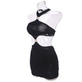 Autumn Hollow Low Back Halter Neck Metal Decoration Women Short Dress