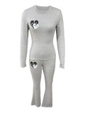 Women's Heart Printed Long Sleeve Round Neck T-Shirt Pants Set