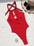 Sexy One-Piece Women Halter Neck Solid Color Swimsuit