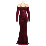 Women's Sexy Solid Color Off Shoulder Long Sleeve Slit Velvet Party Dress