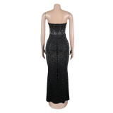 Sexy Beaded Strapless Elastic Back Slit Slim Long Dress