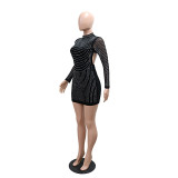 Sexy Low Back Beaded Women's Long-Sleeved Short Bodycon Party Dress