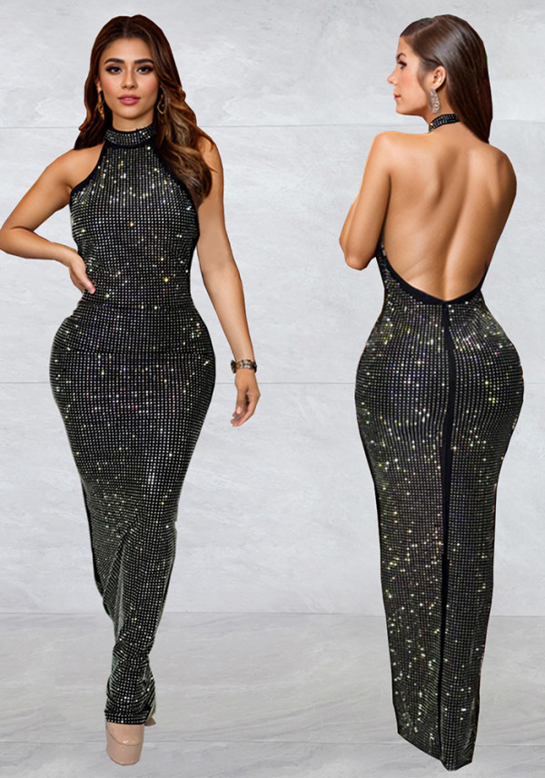 Fashionable Women's Beaded Slim Low Back Sexy Dress