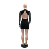 Sexy Low Back Beaded Women's Long-Sleeved Short Bodycon Party Dress