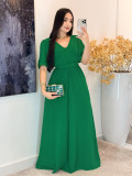 Green Round V-Neck High Waist Belt Short Sleeve Elegant Long Dress