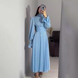 Spring And Autumn Long Sleeve Slim Waist Puff Sleeve Solid Color Satin Dress