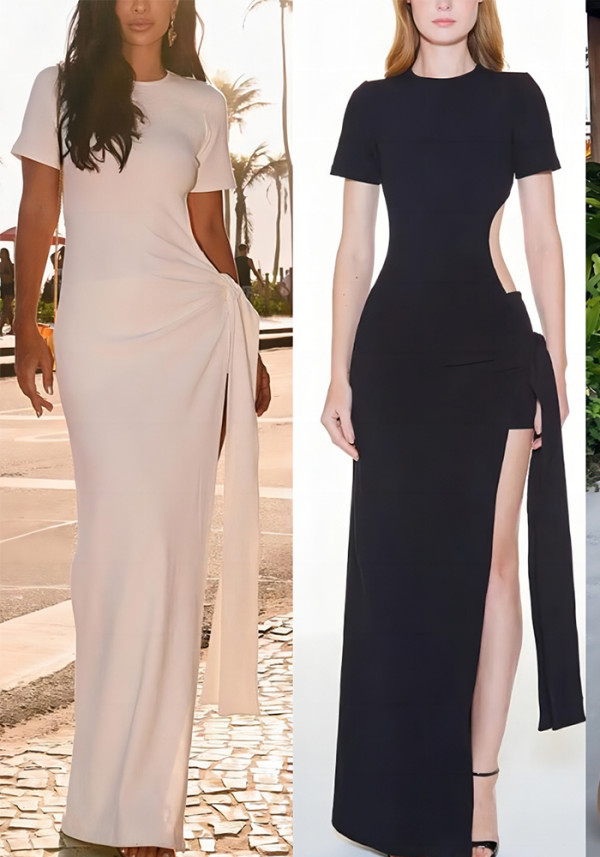 Spring Summer Low Back Lace-Up Slim Sexy Slit Solid Color Long Dress