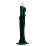Women's Sexy Solid Color Off Shoulder Long Sleeve Slit Velvet Party Dress