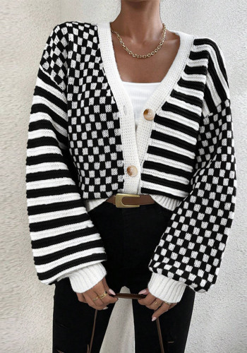 Autumn And Winter Sweater Women's Plaid Patchwork Striped Knitting Coat