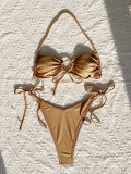 Sexy Lace-Up Swimsuit Women Low Back Solid Color Bikini