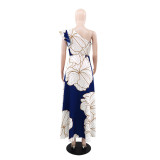 Chic Print Slash Shoulder High Slit Long Dress