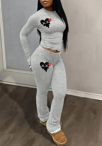 Women's Heart Printed Long Sleeve Round Neck T-Shirt Pants Set