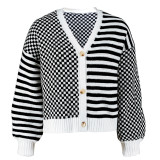 Autumn And Winter Sweater Women's Plaid Patchwork Striped Knitting Coat