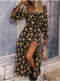 Autumn And Winter Women Printed Long Sleeve Low Back Bohemian Dress