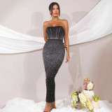 Sexy Beaded Strapless Elastic Back Slit Slim Long Dress