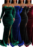 Women's Sexy Solid Color Off Shoulder Long Sleeve Slit Velvet Party Dress