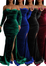 Women's Sexy Solid Color Off Shoulder Long Sleeve Slit Velvet Party Dress Women's Sexy Solid Color Off Shoulder Long Sleeve Slit Velvet Party Dress