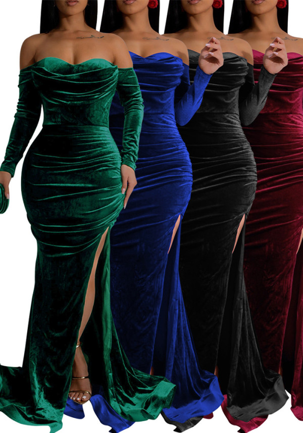 Women's Sexy Solid Color Off Shoulder Long Sleeve Slit Velvet Party Dress