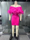 Sexy Off Shoulder Feather Elastic Bodycon Slim Dress
