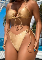Sexy Lace-Up Swimsuit Women Low Back Solid Color Bikini