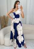 Chic Print Slash Shoulder High Slit Long Dress