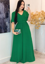 Green Round V-Neck High Waist Belt Short Sleeve Elegant Long Dress Green Round V-Neck High Waist Belt Short Sleeve Elegant Long Dress