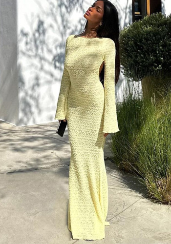 Women Autumn Low Back Lace-Up Backless Long Sleeve Long Dress