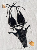 Low Back Lace-Up Swimsuit Women Sexy Solid Color Bikini