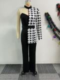 Sexy Printed One-Shoulder Sleeve Elastic Slim Waist Wide-Leg Jumpsuit Two-Piece Suit
