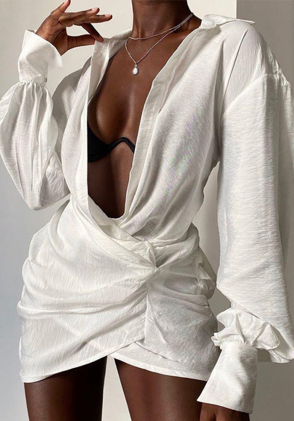 Long Sleeve White Sexy Deep V Women's Linen Shirt Dress