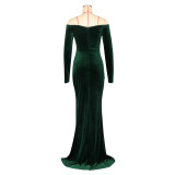Women's Sexy Solid Color Off Shoulder Long Sleeve Slit Velvet Party Dress