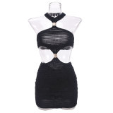 Autumn Hollow Low Back Halter Neck Metal Decoration Women Short Dress