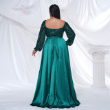 Plus Size Women's Long Long Sleeve Square Neck Formal Party Sequin Evening Dress