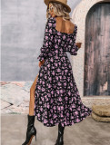 Autumn And Winter Women Printed Long Sleeve Low Back Bohemian Dress