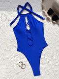 Sexy One-Piece Women Halter Neck Solid Color Swimsuit