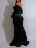 Women's Sexy Solid Color Off Shoulder Long Sleeve Slit Velvet Party Dress