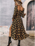 Autumn And Winter Women Printed Long Sleeve Low Back Bohemian Dress