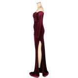 Women's Sexy Solid Color Off Shoulder Long Sleeve Slit Velvet Party Dress