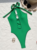 Sexy One-Piece Women Halter Neck Solid Color Swimsuit