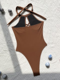 Sexy One-Piece Women Halter Neck Solid Color Swimsuit