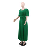 Green Round V-Neck High Waist Belt Short Sleeve Elegant Long Dress