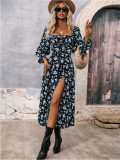 Autumn And Winter Women Printed Long Sleeve Low Back Bohemian Dress